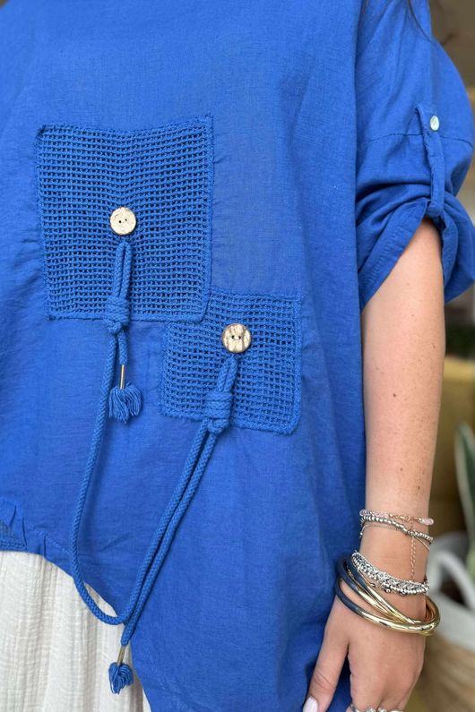 Linen Blend Quirky Top Mediterranean Blue